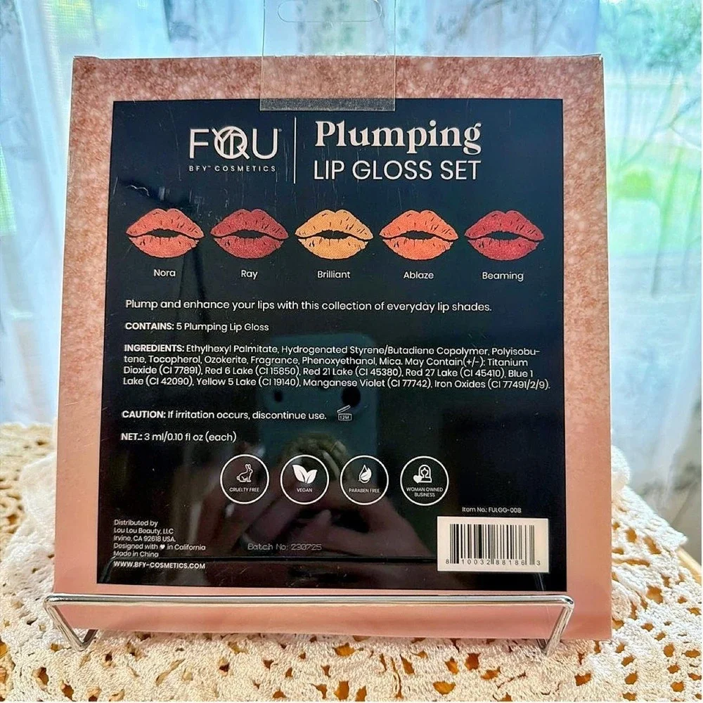 BFY Cosmetics FOU Plumping Lip Gloss Set 5 Pack NIB Nora Ray Brilliant Ablaze